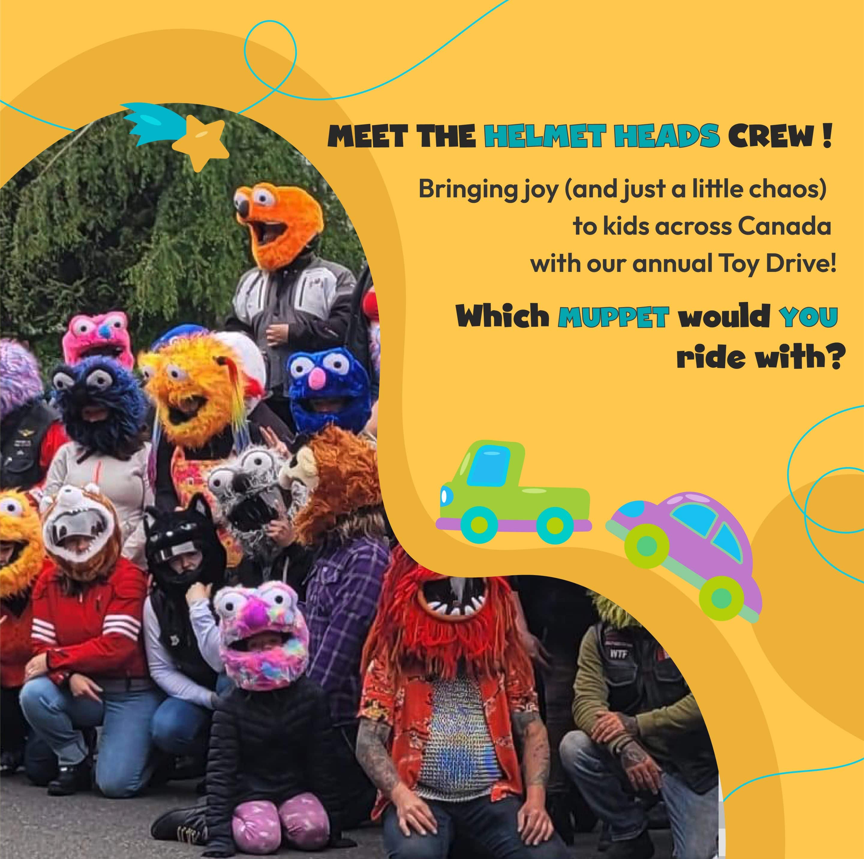 Group of Helmet Heads Canada riders in colorful Muppet helmets at toy drive event, delivering joy to kids across Vancouver Island